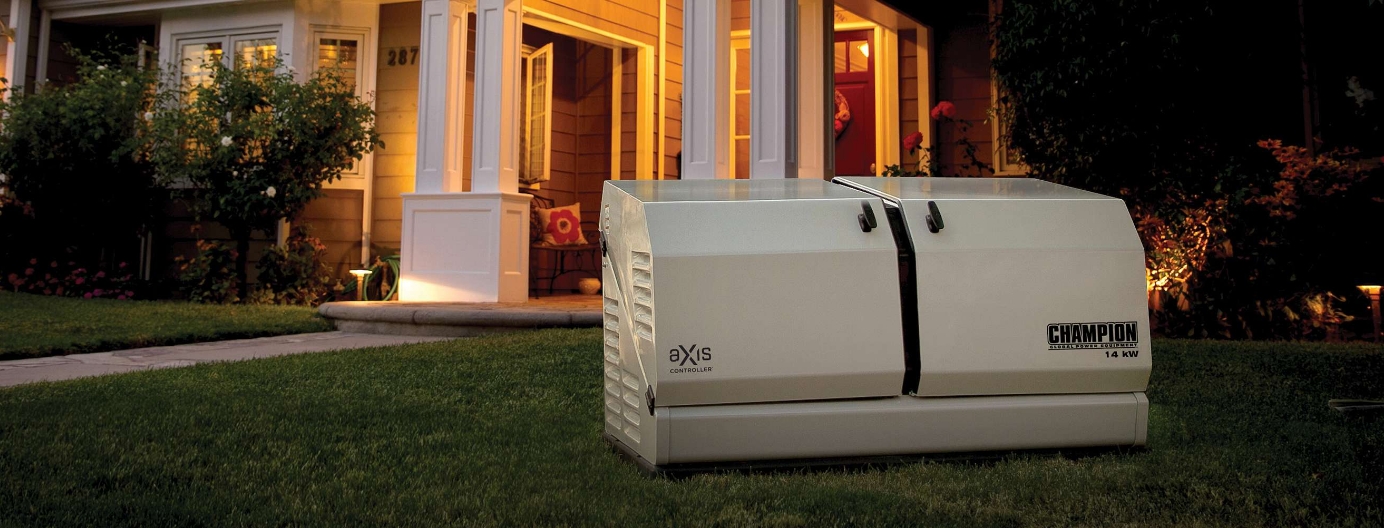 generator in the front yard of a night lit home